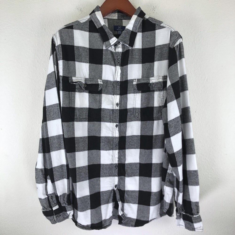 Mens 3XLT Tall Buffalo Plaid Flannel Shirt Black White Long Sleeve Cotton Cabin
